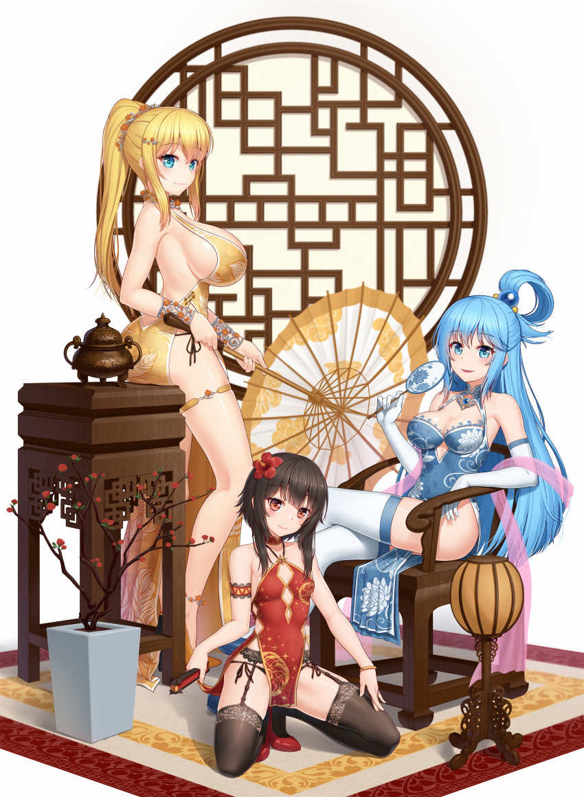 3girls absurdres alternate_costume anarchojs aqua_(konosuba) bangs bare_arms bare_shoulders black_legwear black_panties blonde_hair blue_dress blue_eyes blue_hair bracelet braid breasts chair china_dress chinese_clothes cleavage closed_fan collarbone commentary_request covered_navel crossed_legs crown_braid darkness_(konosuba) dress elbow_gloves eyebrows_visible_through_hair flower folding_fan full_body garter_belt garter_straps gloves hair_flower hair_ornament hair_rings hand_fan high highres holding holding_fan jewelry kneeling kono_subarashii_sekai_ni_shukufuku_wo! lantern large_breasts long_hair looking_at_viewer medium_breasts megumin multiple_girls on_chair panties paper_lantern pedestal plant ponytail potted_plant red_eyes red_flower red_footwear rug side-tie_panties sideboob simple_background sitting small_breasts smile squatting thigh_strap thighhighs thighs umbrella underwear urn white_background white_legwear