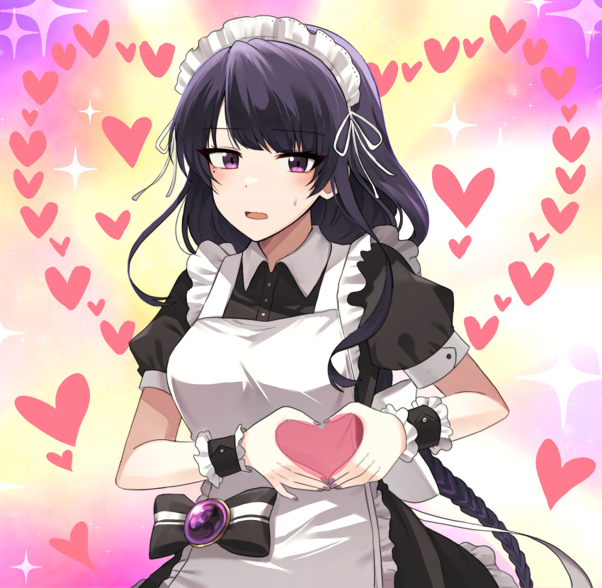 1girl alternate_costume apron bangs blunt_bangs commentary enmaided eyebrows_visible_through_hair genshin_impact hair_between_eyes heart heart_background heart_hands highres lix long_hair looking_at_viewer maid maid_apron maid_headdress moe_moe_kyun! mole mole_under_eye open_mouth purple_eyes purple_hair raiden_(genshin_impact) sidelocks simple_background solo sweat vision_(genshin_impact)