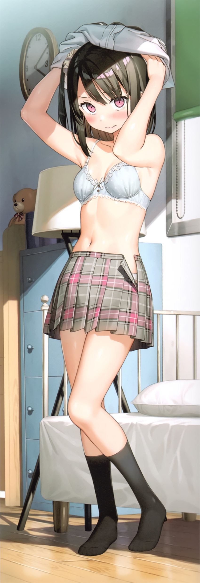 1girl 3: absurdres arms_up bed black_hair black_legwear blue_bra blush bra breasts closed_mouth contrapposto highres indoors kantoku looking_at_viewer medium_hair navel no_shoes one_side_up open_fly original panties pink_eyes plaid plaid_skirt pleated_skirt scan shizuku_(kantoku) skirt small_breasts socks solo standing underwear undressing