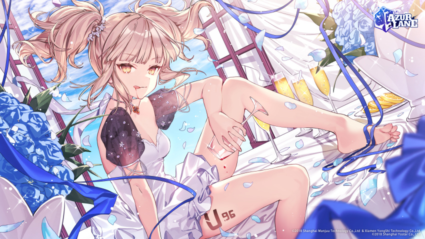 1girl alternate_costume azur_lane barefoot black_sleeves blue_flower blue_ribbon body_writing bouquet breasts champagne_flute character_name cleavage cross cross_necklace cup dress drinking_glass eyebrows_visible_through_hair feet flower hanagata highres jewelry light_brown_hair looking_at_viewer necklace petals puffy_short_sleeves puffy_sleeves ribbon see-through_sleeves short_sleeves small_breasts solo twintails u-96_(azur_lane) white_dress wine_glass yellow_eyes