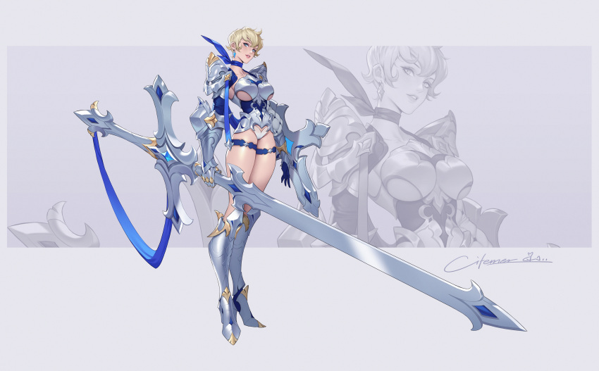 1girl absurdres armor armored_boots armored_leotard bikini_armor blonde_hair blue_eyes blue_neckwear boots breasts citemer earrings full_body gauntlets grey_background highres jewelry large_breasts original pauldrons shield short_hair shoulder_armor signature sword thigh_strap underboob weapon zoom_layer