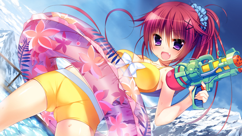 1girl :d bangs bikini bikini_shorts blue_sky bow breasts collarbone day eyebrows_visible_through_hair fang game_cg gun hair_between_eyes hair_ornament high_ponytail holding holding_gun holding_weapon innertube long_hair looking_at_viewer medium_breasts mountain nanaka_mai official_art open_mouth outdoors purple_eyes red_hair reppuuji_kanon shiny shiny_hair short_shorts shorts skin_fang sky smile solo standing swimsuit transparent water_gun weapon white_bow x_hair_ornament yellow_bikini yellow_shorts yuki_koi_melt