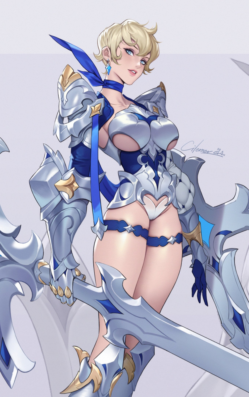 1girl armor armored_boots armored_leotard bikini_armor blonde_hair blue_eyes blue_neckwear boots breasts citemer earrings gauntlets grey_background highres jewelry large_breasts original pauldrons shield short_hair shoulder_armor sword thigh_strap underboob weapon