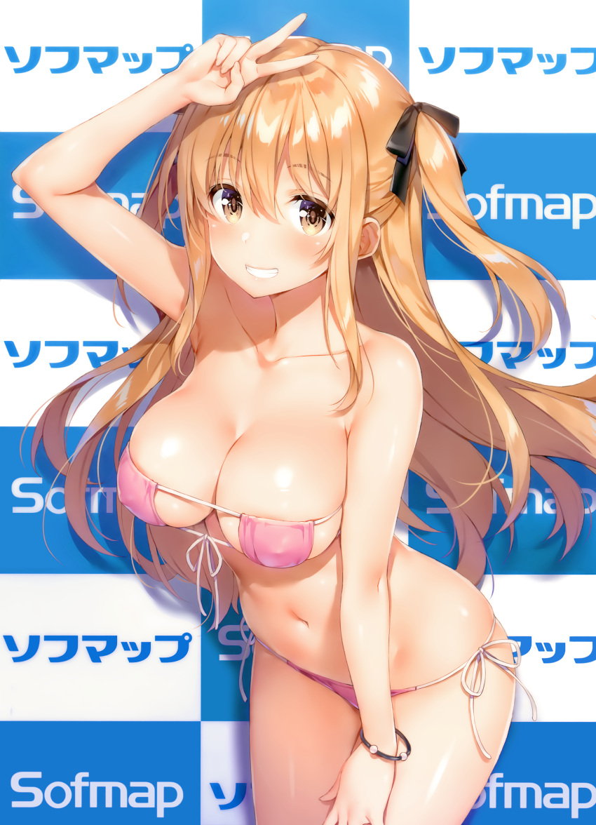 1girl absurdres arm_up armpits bangs bare_arms bare_shoulders bikini blush bow bowtie breasts brown_eyes brown_hair checkered checkered_background cleavage collarbone covered_nipples eyepatch_bikini fingernails front-tie_bikini front-tie_top grin hair_bow highres large_breasts leaning_forward long_hair looking_at_viewer navel original parted_lips pink_bikini scan shadow shiny shiny_clothes shiny_hair shiny_skin side-tie_bikini sidelocks smile sofmap sofmap_background solo step_and_repeat stomach swimsuit teeth two_side_up v yuuki_hagure