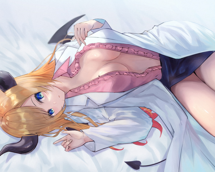 1girl asymmetrical_hair bangs bed bed_sheet black_skirt blonde_hair blouse blue_eyes blush breast_tattoo breasts cleavage coat collared_shirt commentary commentary_request demon_girl demon_tail demon_wings doctor frilled_shirt frills highres hololive horns labcoat large_breasts lips long_hair looking_at_viewer lying on_back open_clothes open_mouth open_shirt parted_bangs pink_blouse pink_shirt shirt skirt sleeveless sleeveless_shirt solo tail tattoo virtual_youtuber wing_collar wings xyunx yuzuki_choco