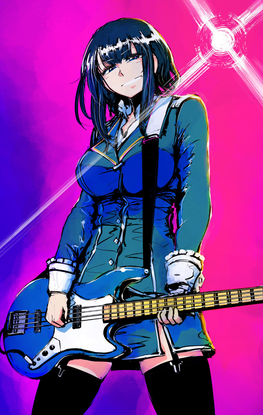 1girl absurdres bangs bass_guitar black_hair black_legwear blue_eyes breasts eyebrows_visible_through_hair garter_straps grin highres holding holding_instrument ifs_(sakagami_syu) instrument kantai_collection large_breasts long_sleeves looking_at_viewer military military_uniform multicolored multicolored_background short_hair_with_long_locks simple_background smile solo takao_(kancolle) thighhighs uniform
