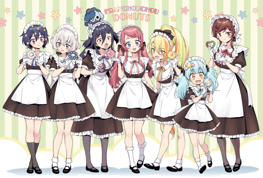 6+girls alternate_costume alternate_hairstyle animal_on_head apron bangs black_hair black_legwear bliss_(ferment_factory) blonde_hair blue_eyes blue_hair bonnet breasts brown_hair dessert dog dog_on_head doughnut dress everyone eyebrows_visible_through_hair eyes_visible_through_hair flower food frilled_dress frilled_shirt_collar frills full_body gloves hair_between_eyes hair_flower hair_ornament highres holding holding_food hoshikawa_lily konno_junko light_blue_hair long_hair looking_at_another looking_at_food looking_at_viewer maid maid_apron maid_headdress medium_hair minamoto_sakura mizuno_ami multiple_girls neck_ribbon nikaidou_saki on_head open_mouth orange_eyes pantyhose ponytail red_eyes red_hair ribbon romero_(zombie_land_saga) short_hair short_sleeves side-by-side side_ahoge skirt_hold socks star_(symbol) star_hair_ornament striped striped_background symbol-only_commentary twintails very_long_hair white_gloves white_hair yamada_tae yuugiri_(zombie_land_saga) zombie_land_saga