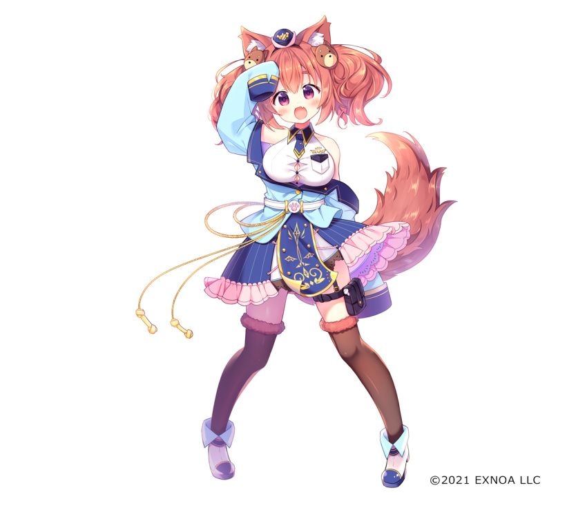 1girl :d angelic_link animal_ear_fluff animal_ears aoi_yun arm_up bangs bare_shoulders blue_headwear blue_jacket blue_skirt blush boots breasts brown_hair brown_legwear cerberus_(angelic_link) collared_shirt commentary_request dog_ears dog_girl dog_hair_ornament dog_tail dress_shirt eyebrows_visible_through_hair fang full_body fur-trimmed_legwear fur_trim hair_between_eyes hair_ornament hat head_tilt jacket large_breasts legs_apart long_sleeves looking_at_viewer mini_hat off_shoulder official_art open_clothes open_jacket open_mouth purple_eyes shirt simple_background skirt sleeveless sleeveless_shirt sleeves_past_fingers sleeves_past_wrists smile solo standing tail thick_eyebrows thighhighs thighhighs_under_boots twintails watermark white_background white_footwear white_shirt
