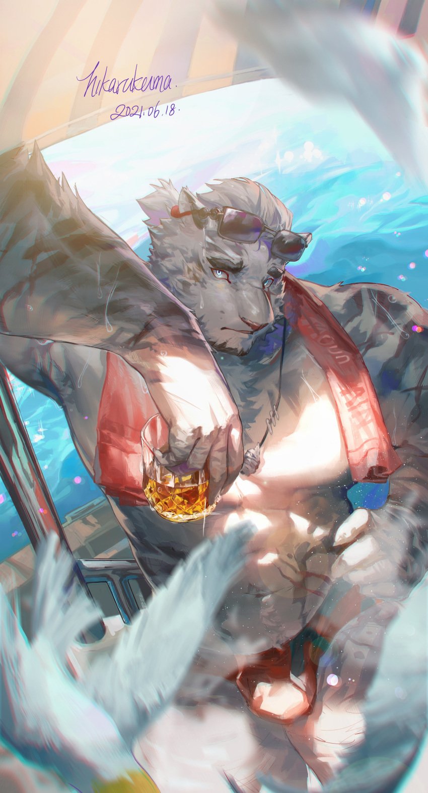 1boy abs absurdres alternate_costume animal_ears arknights bara bare_pectorals beach bird black-framed_eyewear blue_eyes contemporary cup daylightallure eyewear_on_head from_above furry furry_male hand_on_hip highres holding holding_cup large_pectorals looking_at_viewer male_focus male_swimwear mountain_(arknights) muscular muscular_male nipples pectorals pigeon red_male_swimwear scar scar_across_eye shell_necklace short_hair solo stomach summer sunglasses sunlight swim_briefs thick_eyebrows thighs tiger_boy tiger_ears towel towel_around_neck water white_fur white_hair