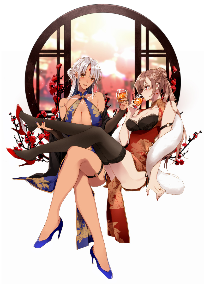 2girls absurdres amazuki_jou arm_strap azur_lane bangs black_legwear blue_dress blue_footwear braid breasts china_dress chinese_clothes cleavage cleavage_cutout clothing_cutout commentary_request criss-cross_halter crossed_legs cup dark-skinned_female dark_skin dress drink drinking earrings feather_boa flower french_braid fur_scarf hair_bun halterneck hand_on_another's_leg head_tilt high_heels highres holding holding_another's_foot holding_cup jean_bart_(azur_lane) jewelry large_breasts legs light_brown_hair long_hair looking_at_another massachusetts_(azur_lane) medium_breasts medium_dress multiple_girls open_mouth parted_bangs red_dress red_eyes red_flower red_footwear ring round_window shoe_dangle side_slit silver_hair smile thigh_strap thighhighs wedding_band window yuri