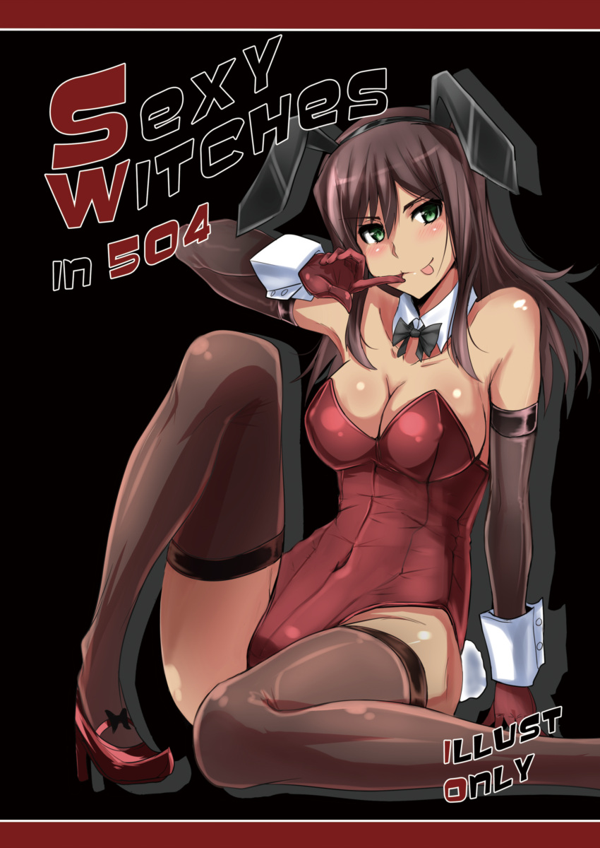 1girl :p absurdres bare_shoulders black_background black_bow black_hairband black_neckwear blush bow bowtie breasts brown_hair brown_legwear cleavage covered_navel detached_collar detached_sleeves drop_shadow federica_n._doglio gloves green_eyes hairband highres large_breasts leotard long_hair looking_at_viewer playboy_bunny red_footwear red_gloves red_leotard smile solo strike_witches thighhighs tongue tongue_out ulrich_(tagaragakuin) world_witches_series wrist_cuffs