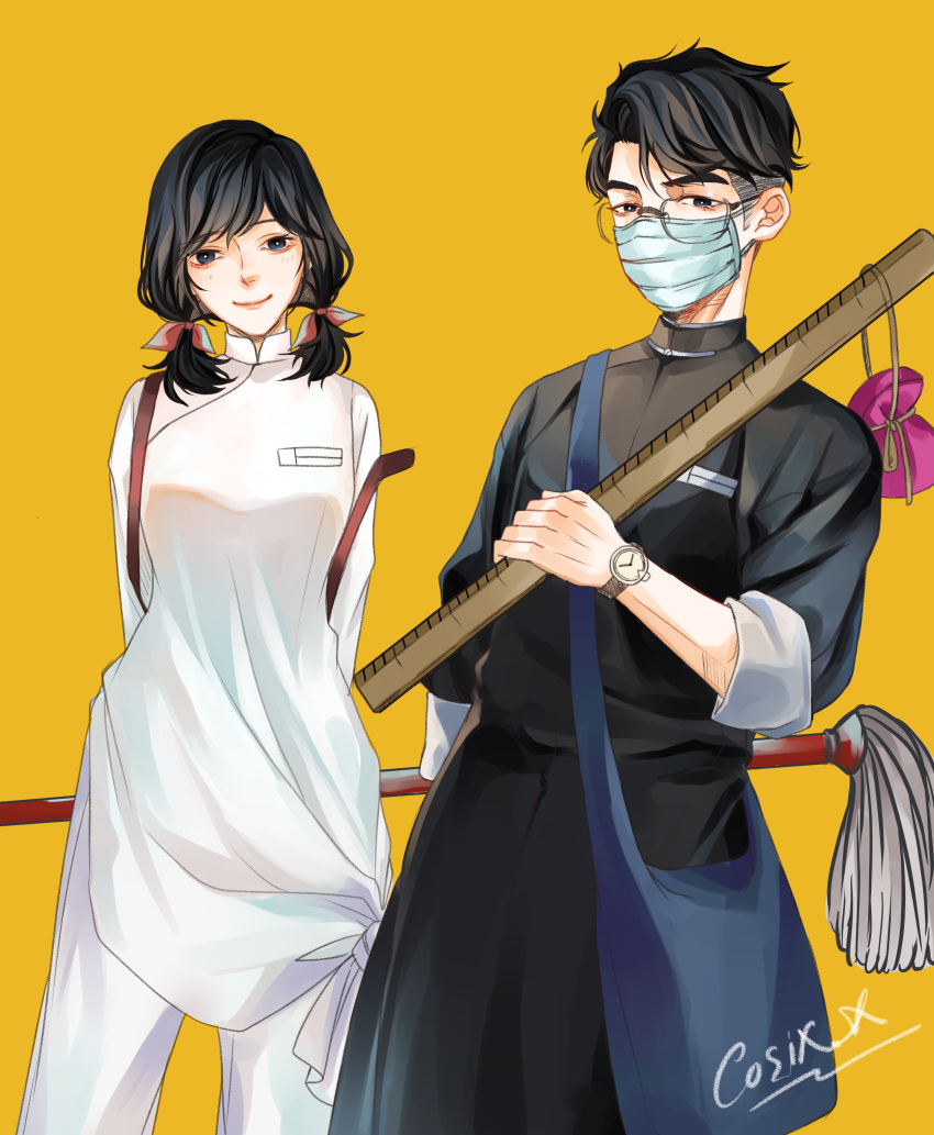 1boy 1girl absurdres arm_behind_back arms_behind_back artist_name bag black_clothes black_dress black_eyes black_hair bow broom clock closed_mouth covered_mouth dress glasses hair_bow half-closed_eyes highres holding kass_10000 light_smile looking_at_viewer mask medium_hair mouth_mask ruler school_uniform short_hair surgical_mask twintails vietnamese_clothes vietnamese_dress white_dress yellow_background