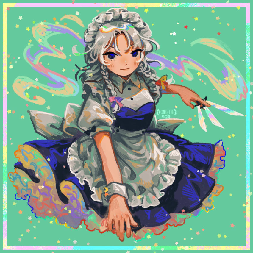 1girl apron arm_up artist_name bangs black_bow blue_dress blue_eyes border bow braid breasts buttons closed_mouth collar crescent dress frills green_background hair_between_eyes hand_up highres izayoi_sakuya k0nfette knife looking_at_viewer maid maid_headdress medium_breasts multicolored_bow pink_bow puffy_short_sleeves puffy_sleeves purple_bow rainbow rainbow_gradient red_bow shirt short_hair short_sleeves silver_hair smile solo star_(symbol) touhou twin_braids unconnected_marketeers weapon white_apron white_shirt wrist_cuffs yellow_bow