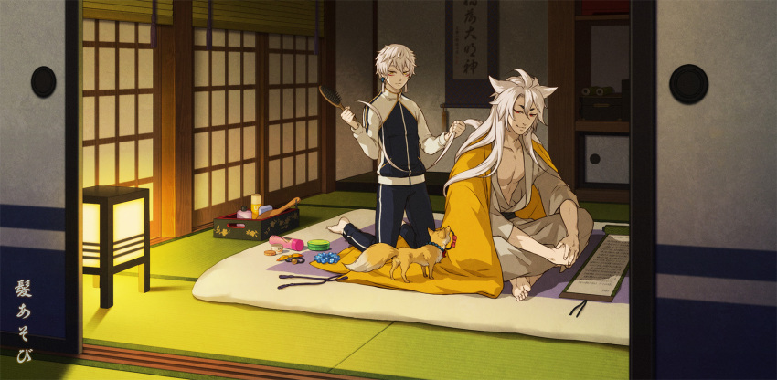 2boys animal_ears fox fox_ears futon hair_brushing hair_ornament hairclip highres japanese_clothes jumpsuit kogitsunemaru lamp long_hair male_focus mask multiple_boys nakigitsune nakigitsune's_fox o_nigi_ri shampoo_bottle short_hair sliding_doors tatami touken_ranbu white_hair