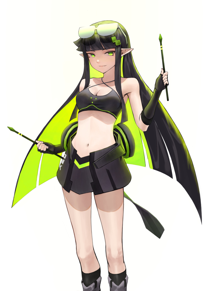 1girl absurdres aotu_world armpit_peek bangs bare_shoulders black_gloves black_hair black_legwear black_skirt blunt_bangs boots breasts cleavage closed_mouth collarbone commentary_request crop_top drumsticks elbow_gloves eyewear_on_head feet_out_of_frame fingerless_gloves glasses gloves green_eyes green_hair hair_ornament hairclip hand_up highres holding holding_drumsticks kneehighs long_hair looking_at_viewer medium_breasts midriff mimi_(aotu_world) multicolored_hair navel pointy_ears simple_background skirt smile socks solo standing stomach two-tone_hair ur-8 white_background