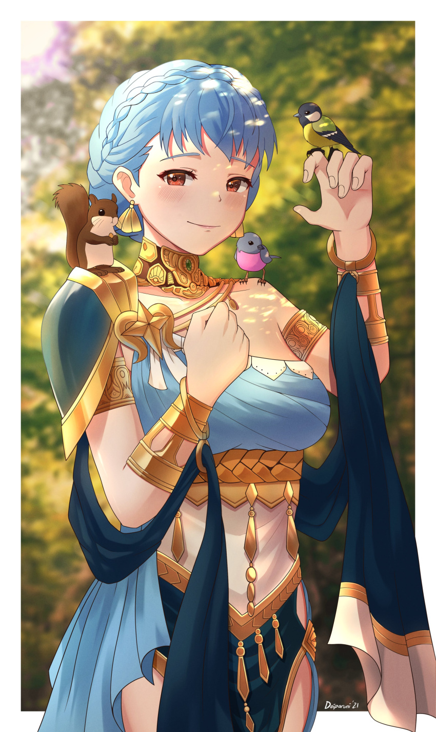 1girl absurdres alternate_costume animal animal_on_shoulder arm_up armlet armor bird bird_on_finger blue_dress blue_hair blush bracelet braid breasts brown_eyes closed_mouth collarbone commentary crown_braid dancer dancer_(three_houses) doiparuni dress earrings english_commentary eyebrows_visible_through_hair fingernails fire_emblem fire_emblem:_three_houses fire_emblem_heroes highres jewelry lips looking_at_viewer marianne_von_edmund medium_breasts official_alternate_costume outdoors pelvic_curtain shawl short_hair shoulder_armor signature sleeveless sleeveless_dress smile solo squirrel tree