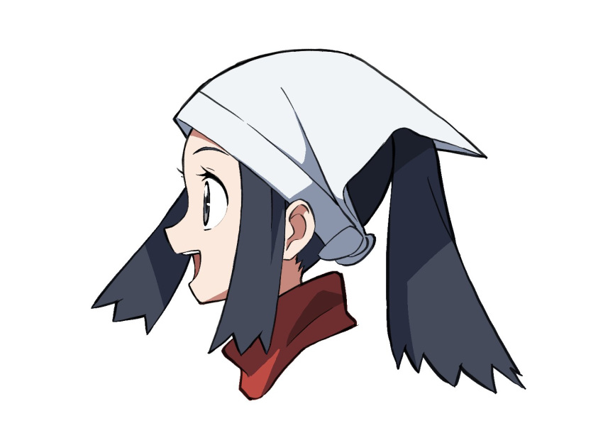 1girl :d akari_(pokemon) black_hair commentary_request from_side grey_eyes head_scarf open_mouth pokemon pokemon_(game) pokemon_legends:_arceus ponytail portrait red_scarf scarf sidelocks simple_background smile solo upper_teeth white_background white_headwear yoshi_(moco1)