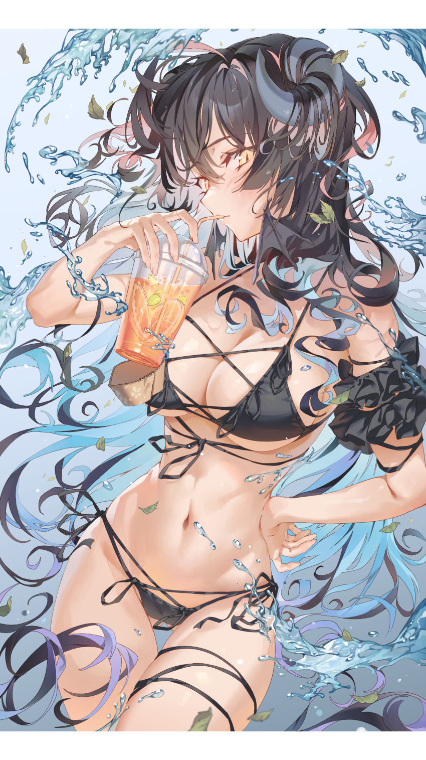 1girl absurdres ahoge ass_visible_through_thighs bangs bikini black_bikini black_hair blue_hair blush breasts cleavage colored_inner_hair commentary_request cowboy_shot cup drinking drinking_straw_in_mouth eyebrows_visible_through_hair hair_between_eyes hair_on_horn hand_on_hip hand_up head_wings highres holding holding_cup hong horns large_breasts leaf letterboxed long_hair looking_at_viewer multicolored_hair navel original purple_hair red_hair side-tie_bikini slit_pupils solo standing stomach string_bikini swimsuit very_long_hair water yellow_eyes