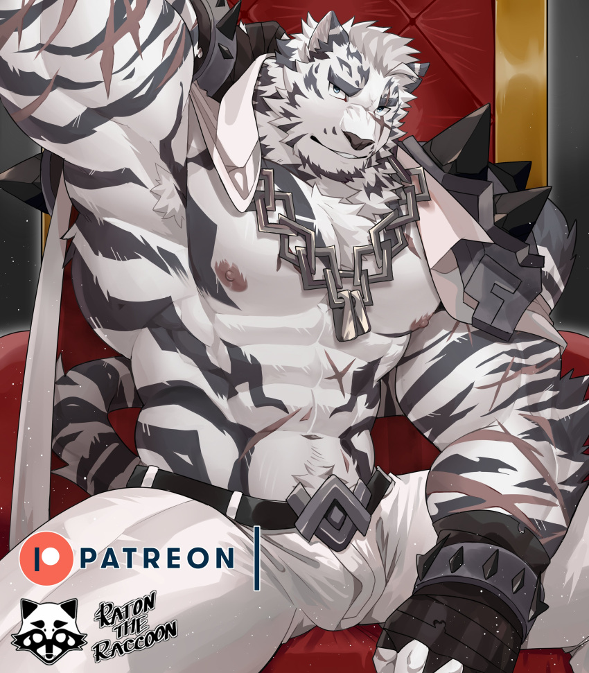 1boy abs absurdres animal_ears arknights armpit_hair armpits bandaged_hands bandages bara bare_pectorals belt black_belt bulge chain_necklace coat coat_on_shoulders furry furry_male highres large_pectorals looking_at_viewer male_focus mountain_(arknights) muscular muscular_male navel nipples pants pectorals ratontheraccoon scar scar_across_eye scar_on_arm scar_on_chest selfie short_hair sitting smile solo spread_legs stomach thick_thighs thighs throne tiger_boy tiger_ears white_fur white_hair white_pants