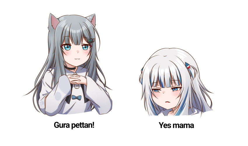 2girls :3 absurdres animal_ears blue_hair bow breast_conscious cat_ears cat_girl collar dick_flattening english_text gawr_gura grey_hair hair_ornament half-closed_eyes hands_together highres hololive hololive_english indie_virtual_youtuber interlocked_fingers jan_azure meme multicolored_hair multiple_girls nacho_(amashiro_natsuki) shark_hair_ornament silver_hair streaked_hair two-tone_hair two_side_up virtual_youtuber