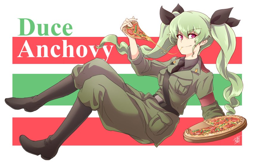 1girl anchovy_(girls_und_panzer) anzio_military_uniform artist_name bangs belt black_belt black_footwear black_neckwear black_ribbon black_shirt boots character_name cheese_trail closed_mouth commentary dress_shirt drill_hair eating eyebrows_visible_through_hair floating food girls_und_panzer green_hair grey_pants hair_ribbon highres holding holding_tray jacket knee_boots long_hair long_sleeves looking_at_viewer military military_uniform necktie pants pizza pizza_slice red_eyes ribbon sam_browne_belt shao_(newton) shirt signature smile solo tray twin_drills twintails uniform wing_collar