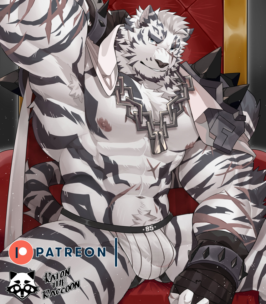 1boy abs absurdres animal_ears arknights armpit_hair armpits bandaged_hands bandages bara bare_pectorals belt black_belt bulge chain_necklace coat coat_on_shoulders furry furry_male highres jockstrap large_pectorals looking_at_viewer male_focus male_underwear mountain_(arknights) muscular muscular_male navel nipples no_pants pants pectorals print_male_underwear ratontheraccoon scar scar_across_eye scar_on_arm scar_on_chest selfie short_hair sitting smile solo spread_legs stomach striped thick_thighs thighs throne tiger_boy tiger_ears underwear white_fur white_hair white_male_underwear white_pants
