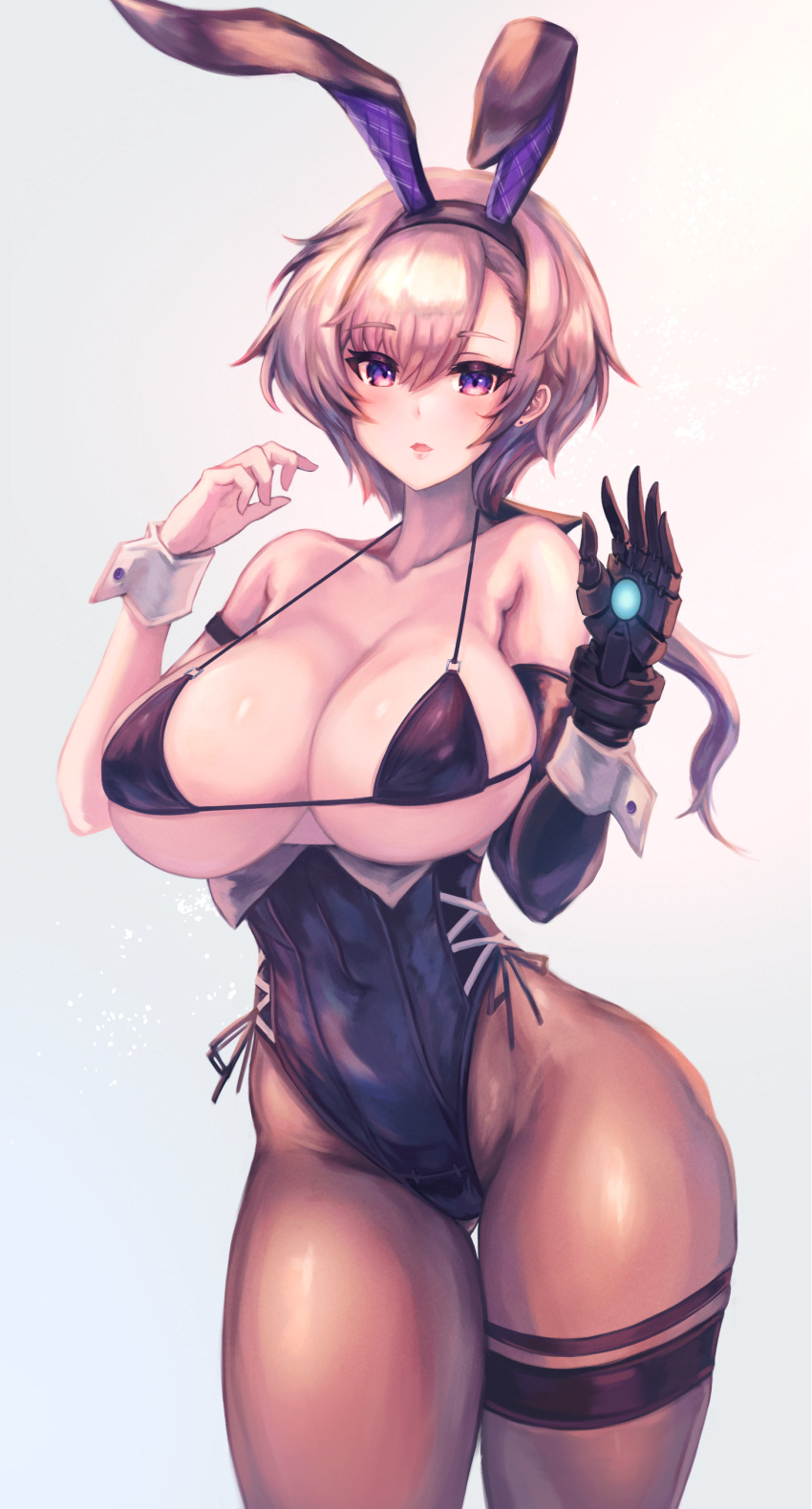1girl absurdres animal_ears arm_strap azur_lane bangs bare_shoulders black_bra black_gloves black_legwear black_leotard bra breasts cleavage collarbone covered_navel covered_nipples cowboy_shot denchi_more_power earrings elbow_gloves eyebrows_visible_through_hair fake_animal_ears gloves grey_hair groin hair_between_eyes hair_ribbon hands_up highres jewelry large_breasts leotard long_hair looking_at_viewer low_ponytail metal_gloves official_alternate_costume open_mouth pantyhose parted_hair playboy_bunny purple_eyes rabbit_ears reno_(azur_lane) reno_(reno_bunnino)_(azur_lane) ribbon side-tie_leotard sidelocks simple_background single_elbow_glove solo standing stud_earrings thigh_gap thigh_strap underboob underwear white_background wrist_cuffs