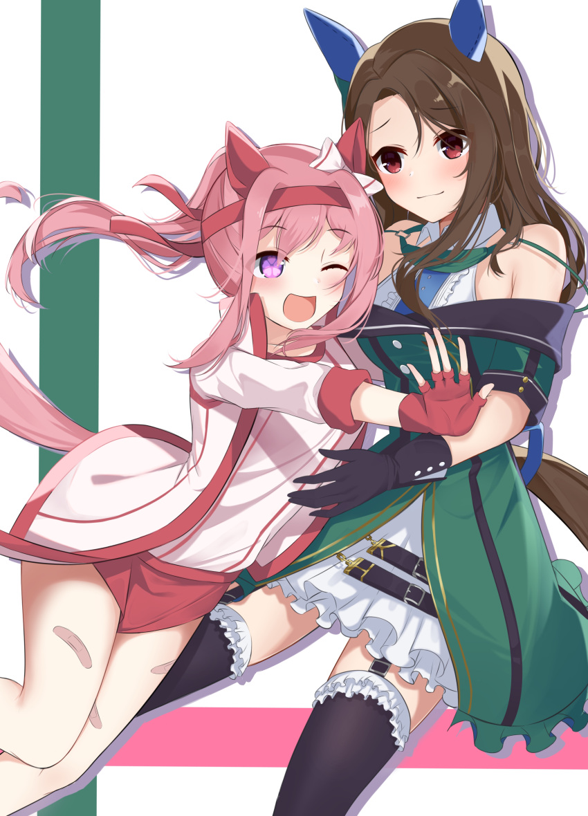 2girls absurdres animal_ears bandaid bandaid_on_leg bare_shoulders blush breasts brown_hair dress ear_covers feet_out_of_frame fingerless_gloves flower_in_eye glomp gloves gym_uniform haru_urara_(umamusume) headband highres horse_ears horse_girl horse_tail hug jacket king_halo_(umamusume) long_hair long_sleeves multiple_girls one_eye_closed open_clothes open_jacket pink_eyes pink_hair ponytail red_eyes shirt smile sorashima_shinome symbol_in_eye tail umamusume