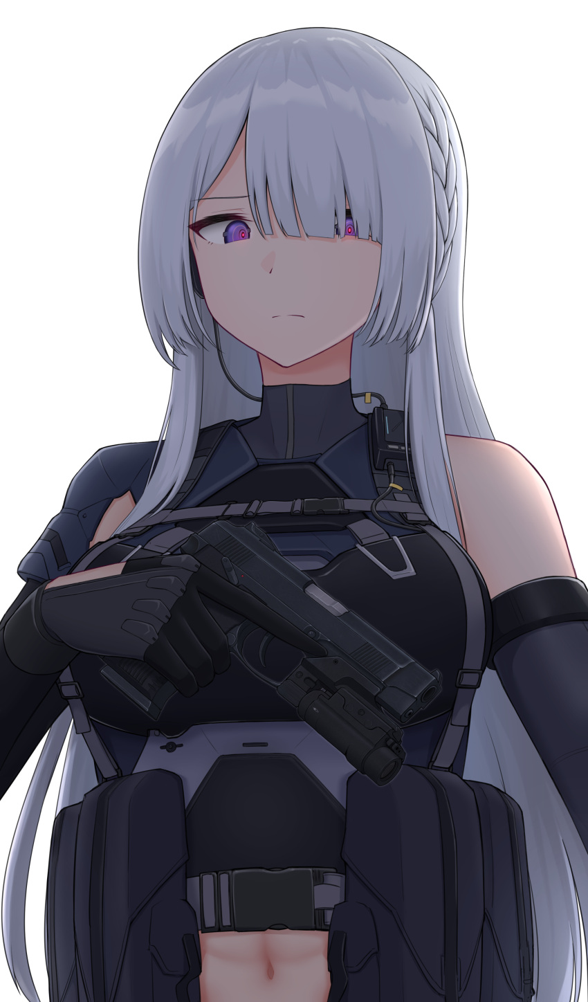 1girl abs absurdres ak-15_(girls'_frontline) bangs bare_shoulders blunt_bangs breasts commentary detached_sleeves earpiece eyebrows_visible_through_hair girls'_frontline glowing glowing_eyes gun hair_over_one_eye handgun highres long_hair looking_to_the_side medium_breasts midriff mp443 navel pistol pouch purple_eyes simple_background solo topgear trigger_discipline upper_body weapon white_background white_hair