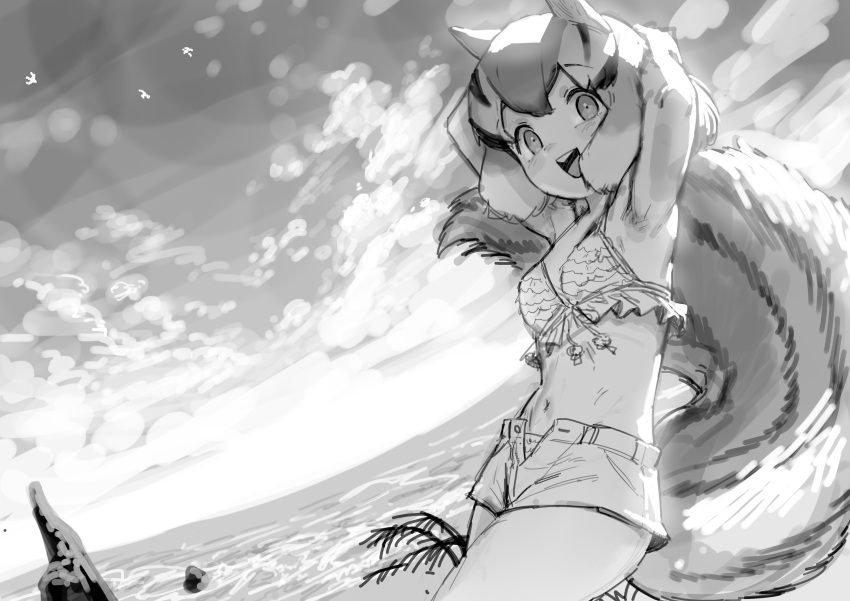 1girl absurdres animal_ears armpits arms_behind_head arms_up backlighting bikini bikini_under_clothes buttons chipmunk_(kemono_friends) chipmunk_ears chipmunk_girl chipmunk_tail commentary eyebrows_visible_through_hair fisheye greyscale highres horizon kamidana_(carpe_diem) kemono_friends krita_(medium) looking_at_viewer medium_hair monochrome multicolored_hair navel ocean open_clothes open_fly open_mouth open_shorts scenery short_shorts shorts sky smile solo stomach swimsuit tail unbuttoned water