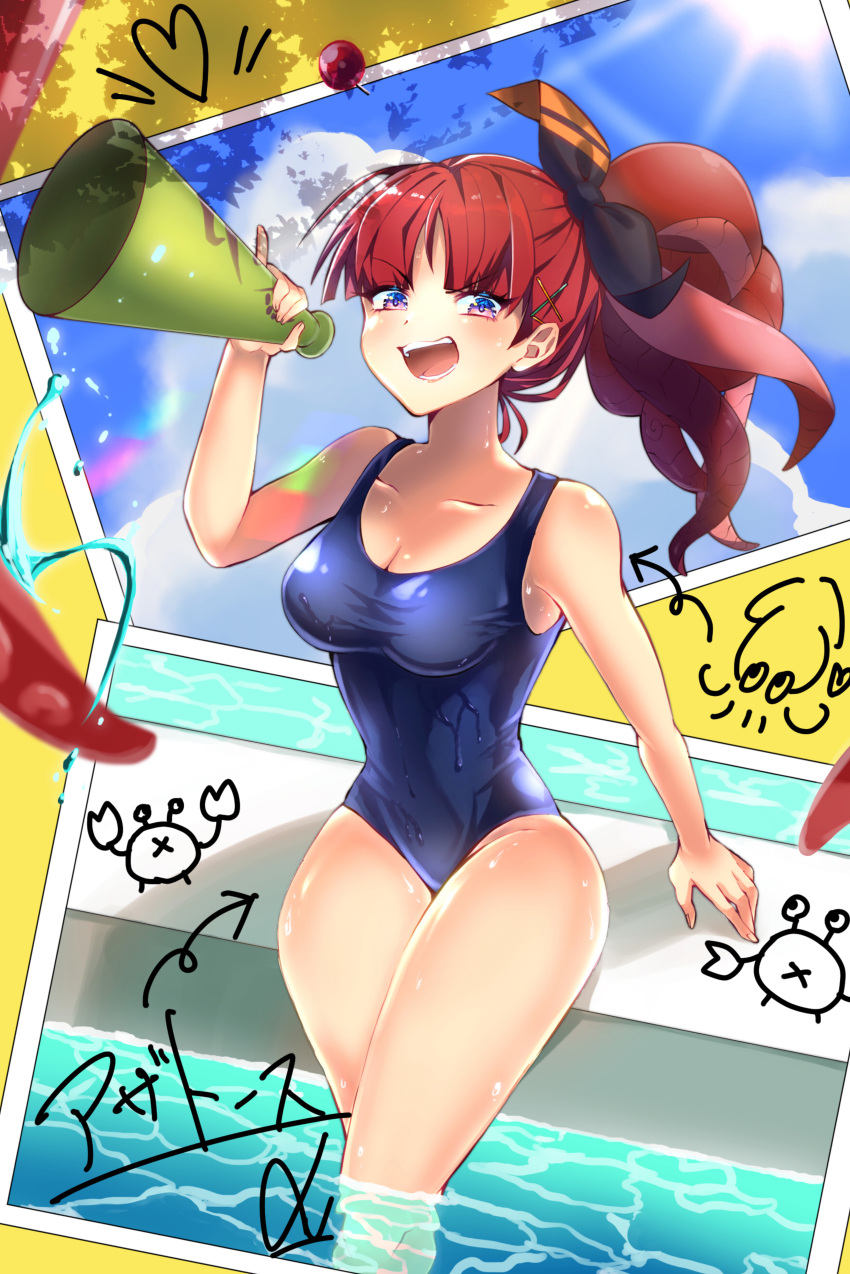 1girl absurdres azathoth_(monster_strike) bow cloud highres huge_filesize megaphone monster_strike nanase_naruse photo_(object) ponytail pool purple_eyes red_hair sitting sky solo sun swimsuit tentacle_hair tentacles through_screen water