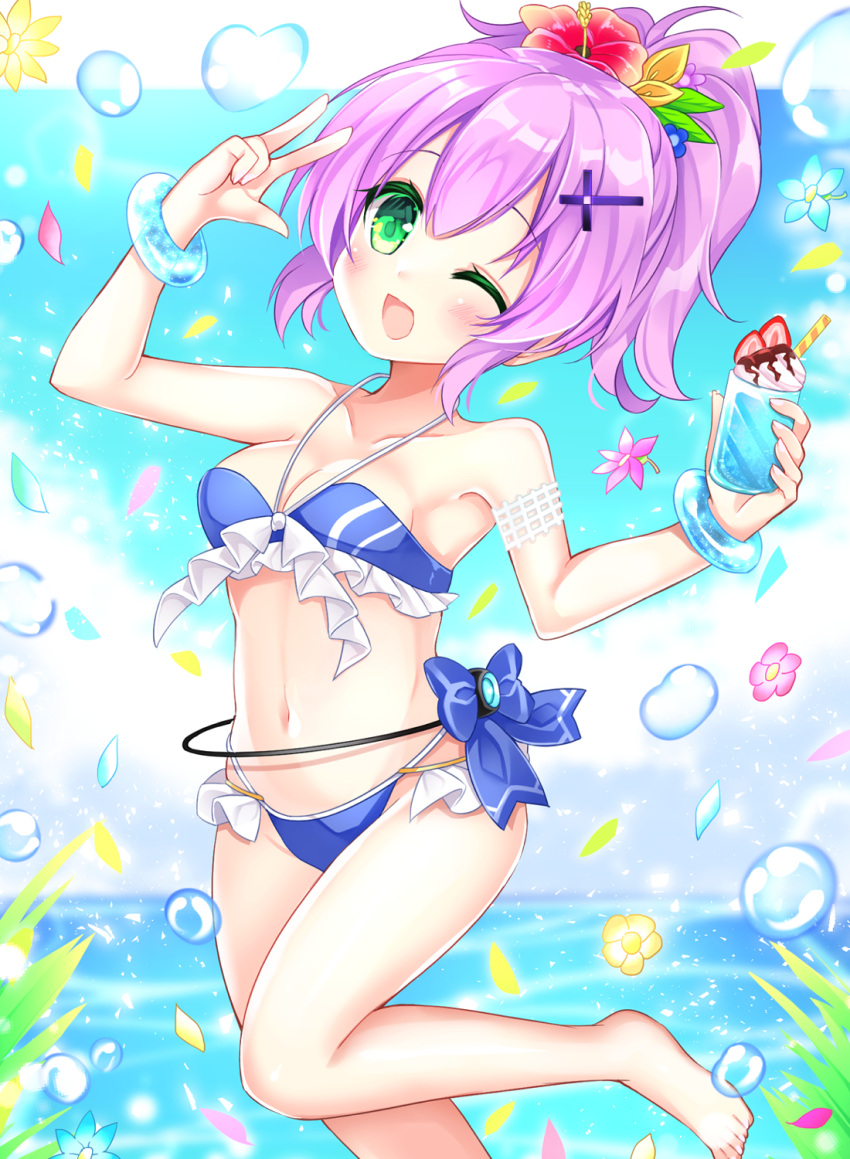 1girl ;d azur_lane bare_shoulders barefoot bikini blue_bikini blue_bow blue_flower blurry blurry_background blush bow breasts cleavage commentary_request cup day depth_of_field drinking_glass flower food fruit green_eyes hair_flower hair_ornament halter_top halterneck highres holding holding_cup horizon javelin_(azur_lane) javelin_(beach_picnic!)_(azur_lane) medium_breasts navel ocean official_alternate_costume one_eye_closed open_mouth ponytail purple_hair red_flower shikito smile solo standing standing_on_one_leg strawberry swimsuit wafer_stick water yellow_flower