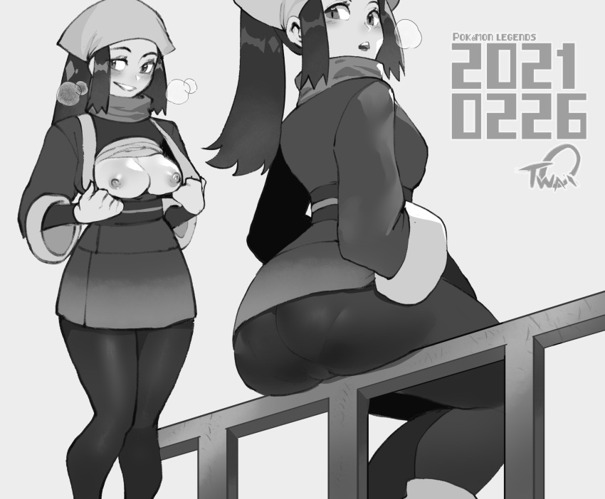 1girl akari_(pokemon) ass bandana breasts breasts_outside breath cleavage collage dated english_commentary flashing floating_scarf greyscale grin highres looking_back medium_breasts monochrome nipples nyantcha on_railing pantyhose pantylines pokemon pokemon_(game) pokemon_legends:_arceus ponytail railing sidelocks sitting smile solo wide_sleeves