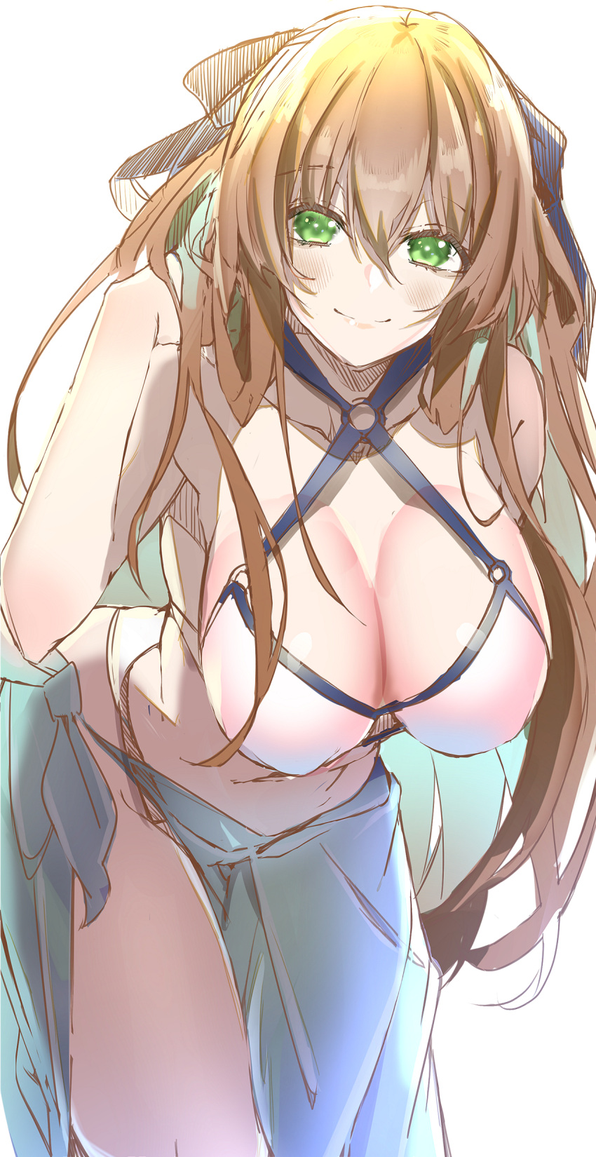 1girl absurdres bare_shoulders bikini blue_ribbon breasts cleavage closed_mouth collarbone commentary e_sky_rugo eyebrows_visible_through_hair girls'_frontline green_eyes hair_ribbon hand_in_hair hand_on_back highres large_breasts long_hair looking_at_viewer o-ring o-ring_bikini orange_hair ribbon sarong smile solo springfield_(girls'_frontline) swimsuit white_background white_swimsuit