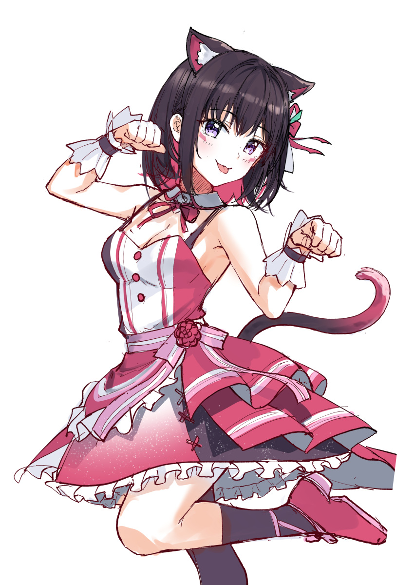 1girl absurdres animal_ears azki_(hololive) breasts brown_hair cat_ears cat_tail cleavage colored_inner_hair detached_collar dress frilled_dress frills hair_ribbon hands_up highres hololive knee_up looking_at_viewer multicolored_hair nonbire paw_pose purple_eyes red_footwear ribbon simple_background small_breasts socks solo striped striped_ribbon tail tongue tongue_out two-tone_hair virtual_youtuber white_background wrist_cuffs