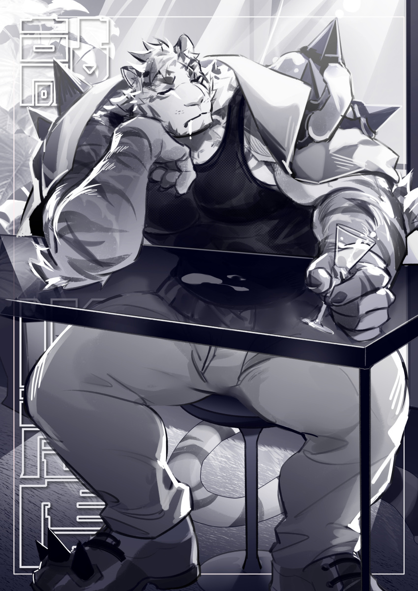 1boy absurdres animal_ears arknights bara black_tank_top bulge coat coat_on_shoulders crrispy_shark cup drinking_glass drooling elbow_rest full_body furry furry_male greyscale highres holding holding_cup large_pectorals male_focus monochrome mountain_(arknights) muscular muscular_male pectorals saliva scar scar_across_eye short_hair sidepec sitting sleeping solo spread_legs tank_top thick_thighs thighs tiger_boy tiger_ears white_fur white_hair wine_glass