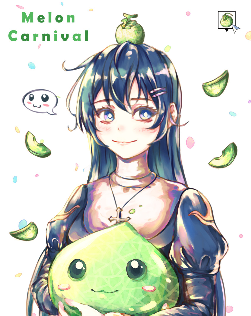1girl :3 bangs black_dress blue_eyes blush bright_pupils closed_mouth commentary_request confetti cross cross_necklace dalcom_(ragnarok_online) dress emoticon food food_on_head fruit fruit_on_head green_hair habit highres holding jewelry juliet_sleeves long_hair long_sleeves looking_to_the_side melon melon_slice nanaya_(shohei77) necklace object_on_head priest_(ragnarok_online) puffy_sleeves ragnarok_online slime_(creature) smile upper_body white_background white_pupils