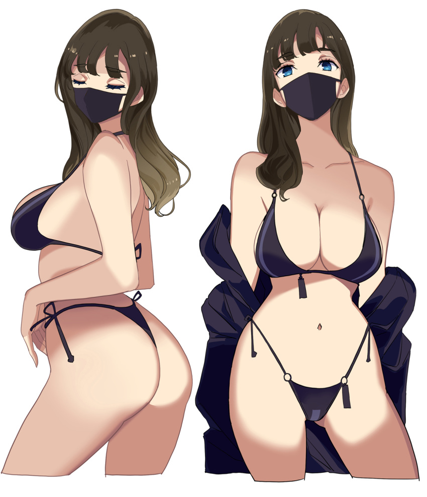 1girl ass ass_visible_through_thighs bangs bikini black_bikini blue_eyes breasts brown_hair cleavage closed_eyes collarbone eyebrows_visible_through_hair eyelashes feet_out_of_frame highleg highleg_bikini highres large_breasts mask mikoto_akemi mouth_mask navel o-ring o-ring_bikini original shirt side-tie_bikini swimsuit thighs thong_bikini white_background