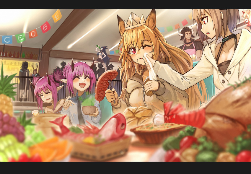 1other 2boys 6+girls ^_^ ambiguous_gender amiya_(arknights) animal_ears apron arknights ascot birthday_party black_collar black_hair black_neckwear blaze_(arknights) blue_neckwear blush bottle bowl brown_hair brown_jacket brown_shirt brown_skirt buchi_k018 cat_ears ceobe_(arknights) closed_eyes collar commentary_request cow_boy cow_ears cow_horns crop_top crown demon_horns doctor_(arknights) dog_ears drinking fang fish food food_on_face fork fruit grapes hairband hibiscus_(arknights) highres holding holding_bottle holding_bowl holding_fork hood hood_up hooded_jacket horns hung_(arknights) infection_monitor_(arknights) jacket lava_(arknights) letterboxed long_hair looking_at_viewer matterhorn_(arknights) multiple_boys multiple_girls necktie off-shoulder_jacket off_shoulder one_eye_closed pineapple pink_apron pointing pointy_ears purple_hair rabbit_ears red_eyes red_hairband shirt short_hair short_hair_with_long_locks short_twintails siblings sidelocks sisters skirt standing steak sweatdrop twintails vulcan_(arknights) white_jacket white_shirt wiping_face