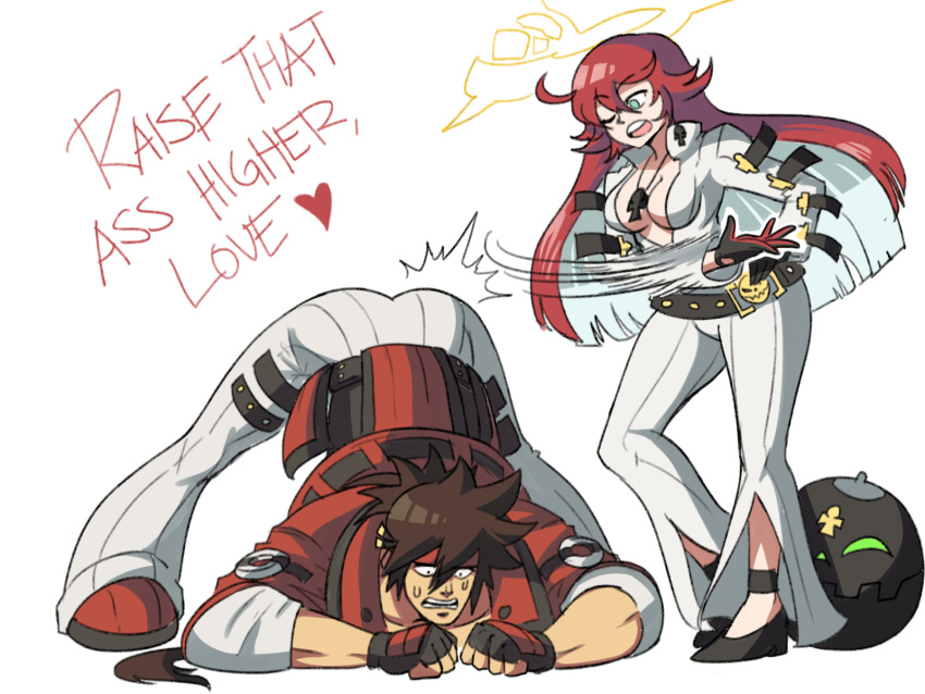 1boy 1girl ass bangs belt black_gloves bodysuit breasts brown_hair center_opening cleavage couple fingerless_gloves gloves green_eyes guilty_gear guilty_gear_strive halo headband high_heels highres jack-o'_valentine long_hair married medium_breasts multicolored_hair muscular muscular_male ponytail red_hair sol_badguy spanked spiked_hair stretch tina_fate two-tone_hair white_hair