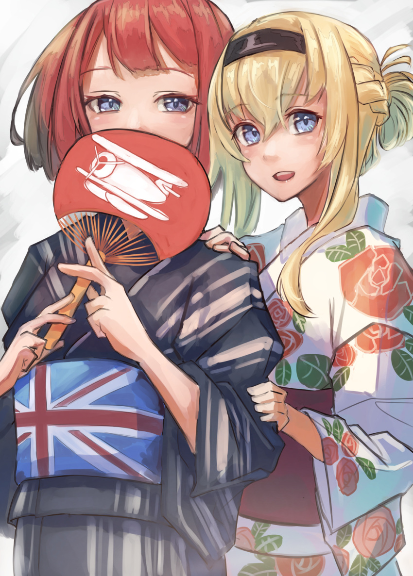 2girls alternate_costume alternate_hairstyle ark_royal_(kancolle) bangs blonde_hair blue_eyes blunt_bangs bob_cut braid floral_print french_braid hair_bun hand_fan highres holding holding_fan inverted_bob japanese_clothes kantai_collection kimono multiple_girls obi panda_(heart_sink) paper_fan print_kimono red_hair rose_print sash short_hair uchiwa warspite_(kancolle) white_kimono yukata