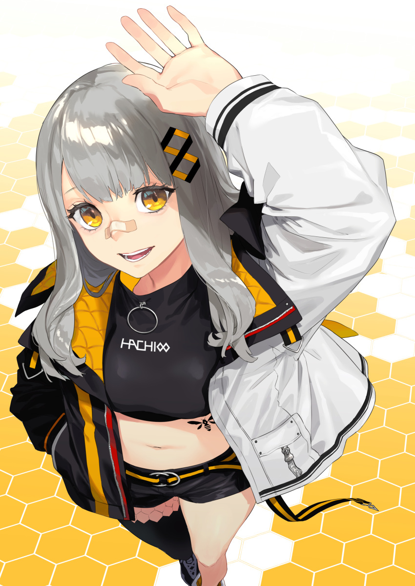 1girl :d absurdres arm_above_head bandaid bandaid_on_nose belt black_legwear black_shorts crop_top grey_hair grey_jacket hachi_(live_union) hand_up highres jacket live_union long_hair long_sleeves looking_at_viewer midriff navel open_clothes open_jacket open_mouth reiga_(act000) shorts single_thighhigh smile solo thighhighs yellow_eyes