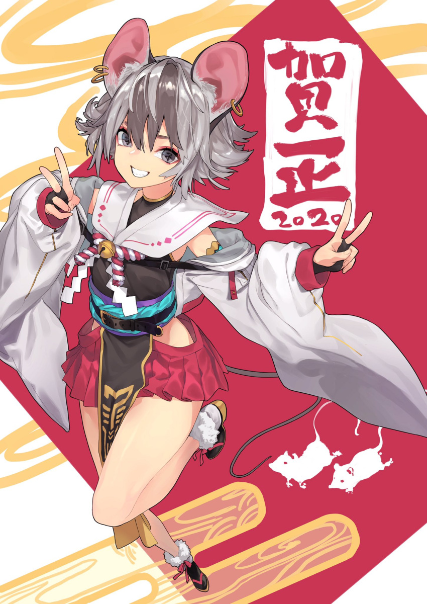 1girl akeome animal_ears bridal_gauntlets brown_hair grey_eyes grey_hair grin hakama hakama_short_skirt hakama_skirt hands_up happy_new_year highres japanese_clothes long_sleeves looking_at_viewer miniskirt mouse mouse_ears mouse_girl mouse_tail multicolored_hair new_year original pelvic_curtain pleated_skirt red_skirt reiga_(act000) short_hair skirt smile solo streaked_hair tail v wide_sleeves