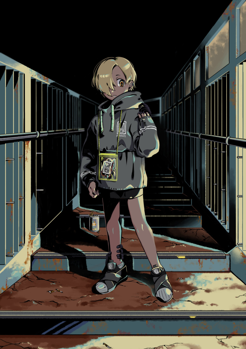 1girl absurdres aqua_eyes arm_at_side bag blonde_hair can cellphone cigarette_butt closed_mouth crack dark disembodied_limb drawstring ear_clip earrings full_body grey_footwear grey_hoodie hair_over_one_eye hand_up high_collar high_contrast highres holding_hands hood hood_down hoodie idolmaster idolmaster_cinderella_girls jewelry kanauo_(tansui_kanauo) leg_grab looking_at_viewer multicolored multicolored_eyes multiple_sources outdoors phone railing shadow shirasaka_koume shoes short_hair smartphone sneakers solo_focus stairs standing yellow_eyes