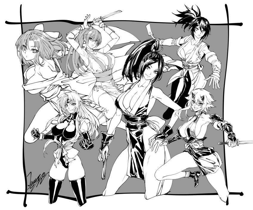 6+girls banned_artist breasts character_request cleavage copyright_request crossover dead_or_alive fake_horns fatal_fury greyscale headband highres horns iwamoto_eiri japanese_clothes kasumi_(doa) large_breasts monochrome multiple_girls ninja oni_horns queen's_blade shiranui_mai shizuka_(queen's_blade) short_sword sword the_king_of_fighters trait_connection weapon
