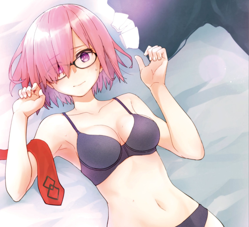 1girl black_bra black_panties blush bra breasts cleavage collarbone eyebrows_visible_through_hair eyes_visible_through_hair eyewear_visible_through_hair fate/grand_order fate_(series) glasses hair_over_one_eye highres kou1 looking_at_viewer lying mash_kyrielight medium_breasts navel necktie necktie_removed on_back panties pink_hair purple_eyes short_hair smile solo sweatdrop underwear upper_body