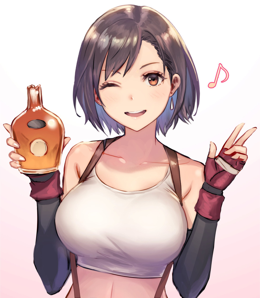 1girl ;d alternate_hair_length alternate_hairstyle anbe_yoshirou arm_warmers bare_shoulders black_hair blurry bottle breasts brown_eyes collarbone crop_top earrings final_fantasy final_fantasy_vii fingerless_gloves gloves gradient gradient_background hands_up highres holding holding_bottle jewelry large_breasts long_hair looking_at_viewer musical_note one_eye_closed open_mouth photoshop_(medium) shirt short_hair sleeveless sleeveless_shirt smile solo stomach suspenders tank_top tifa_lockhart upper_body w white_shirt