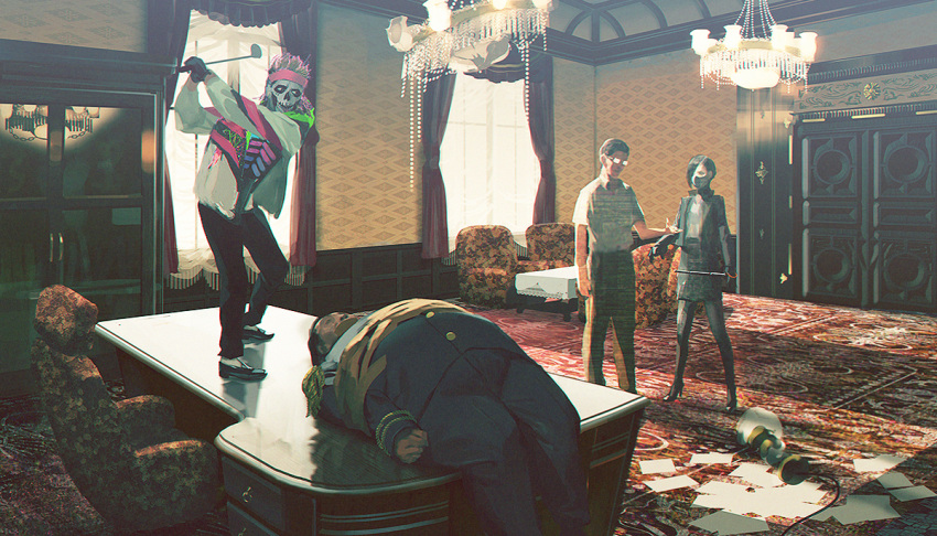 1girl 3boys baton black_gloves blazer bound brown_pants cabinet carpet chair chandelier collared_shirt covered_mouth curtains desk door facepaint glasses gloves golf_club high_heels interior jacket lamp mask mouth_mask multiple_boys original pants pantyhose paper shirt short_hair skirt tied_up tomono_rui wallpaper_(object) white_shirt window