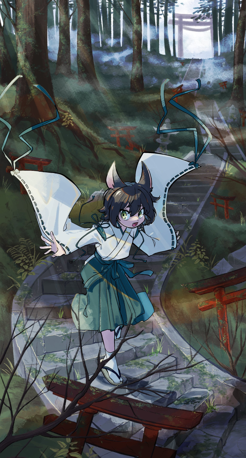 1boy :d absurdres androgynous animal_ears aqua_hakama aqua_ribbon black_hair clothing_request commentary_request commission day eyebrows_visible_through_hair fang forest grass green_eyes hair_between_eyes hakama hakama_skirt highres japanese_clothes kanauo_(tansui_kanauo) light_beam long_sleeves looking_at_viewer male_focus medium_hair multiple_sources nature open_mouth original outdoors outstretched_arms ribbon ribbon-trimmed_sleeves ribbon_trim skeb_commission skirt smile socks solo spread_arms stairs stone_lantern torii tree tsurime walking white_legwear wide_shot wide_sleeves zouri