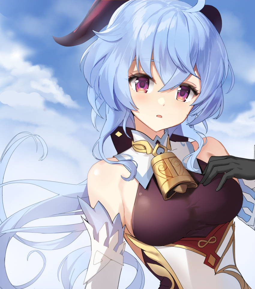 1girl ahoge bangs bare_shoulders bell black_gloves blue_hair blue_sky breasts cloud detached_sleeves eyebrows_visible_through_hair ganyu_(genshin_impact) genshin_impact gloves gold_trim highres horns long_hair looking_at_viewer medium_breasts neck_bell open_mouth prawnlunchset purple_eyes sky solo white_sleeves